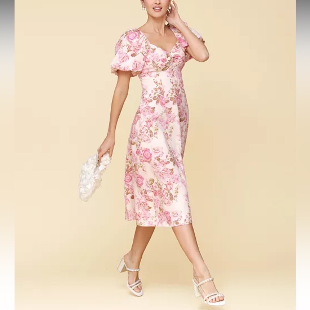 Avec les Filles Floral Puff Sleeve Linen Pink Spring Midi Dress Size 6